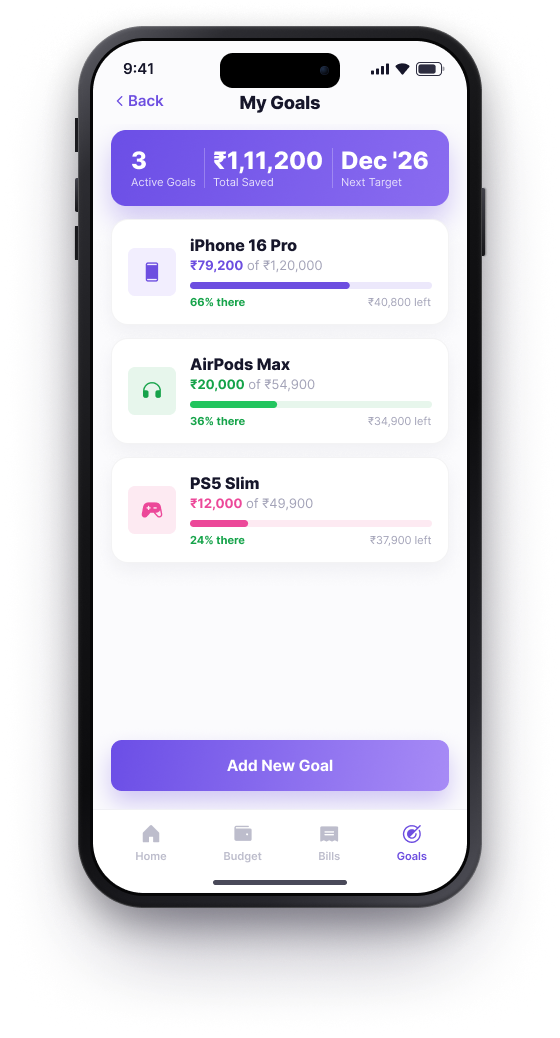 BUD My Goals screen listing three active savings goals with progress bars