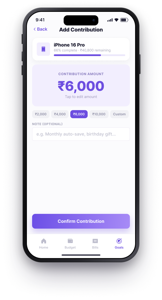 BUD Add Contribution screen with amount presets and an optional note