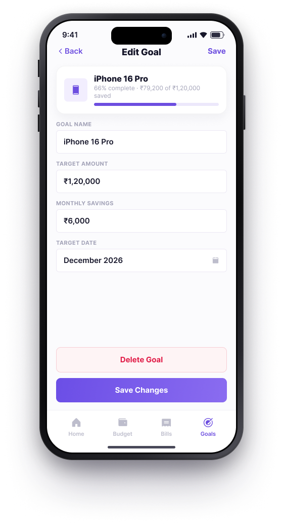 BUD Edit Goal screen with goal name, target amount, monthly savings and target date fields