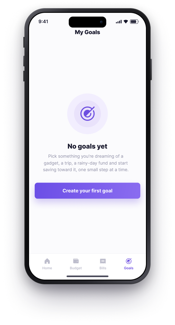 BUD My Goals empty state prompting the user to create their first goal