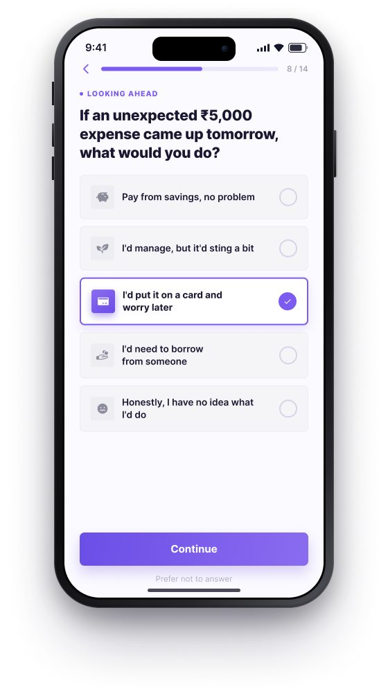 BUD onboarding, Question 8 of 14, response to an unexpected ₹5,000 expense
