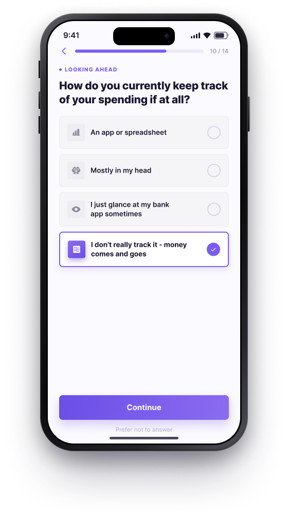 BUD onboarding, Question 10 of 14, how spending is tracked today
