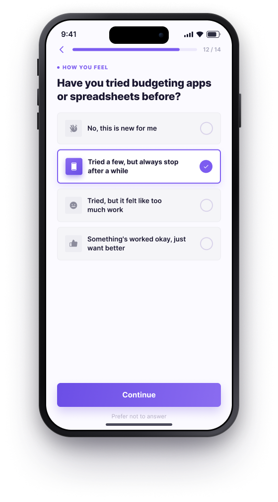 BUD onboarding, Question 12 of 14, past experience with budgeting apps