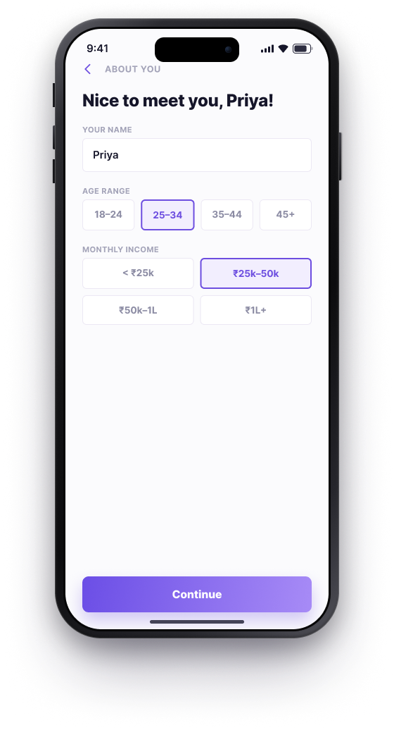 BUD onboarding, About you, name, age range and monthly income