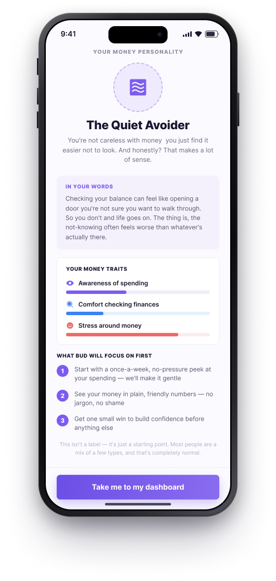 BUD onboarding, Result, the Quiet Avoider money personality with focus areas