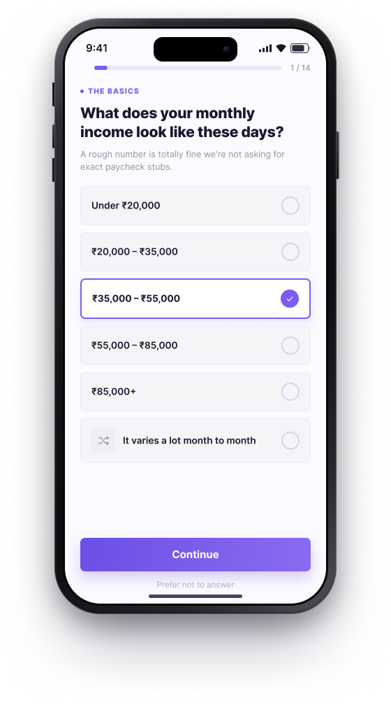 BUD onboarding, Question 1 of 14, monthly income range