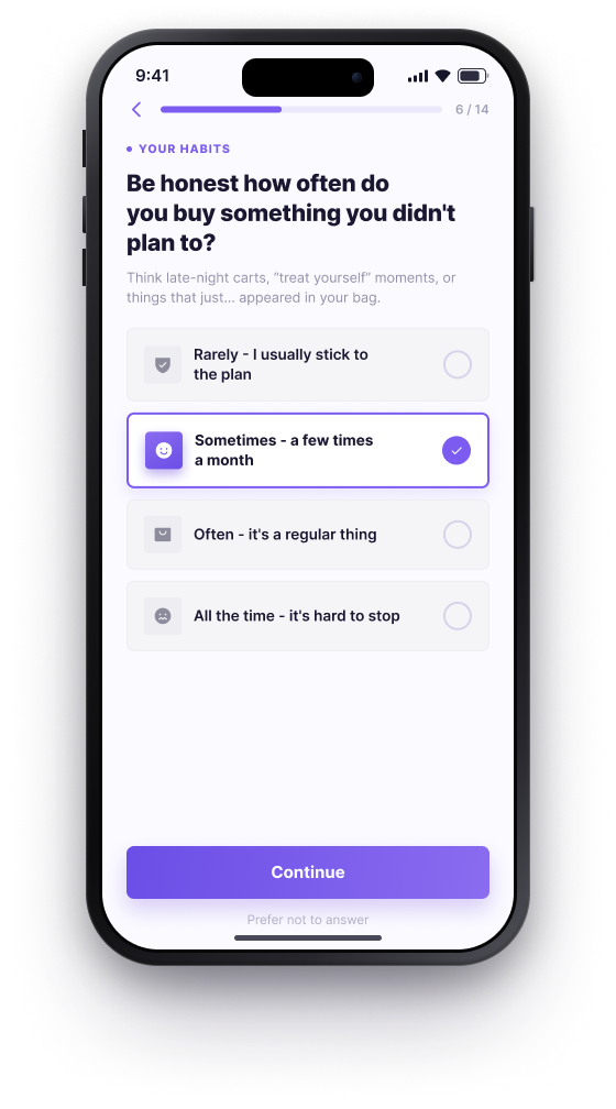 BUD onboarding, Question 6 of 14, frequency of unplanned purchases