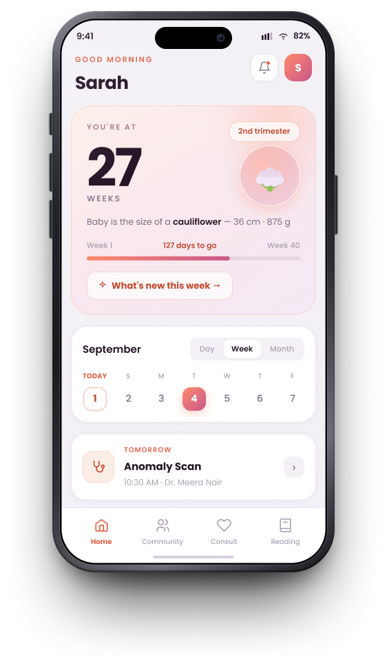 Blossom, home screen with week 27, baby size and next appointment