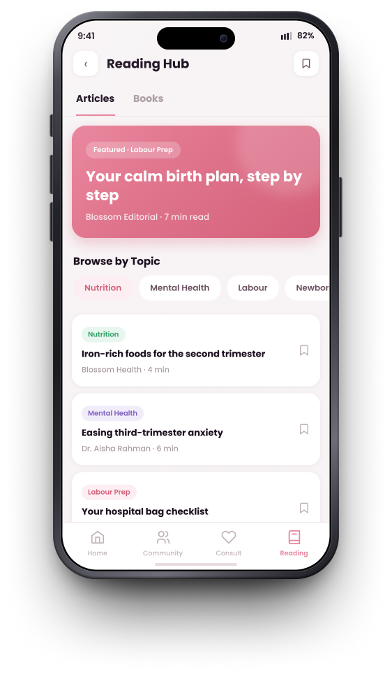 Blossom, Reading Hub with a featured article, topic filters and a browsable list